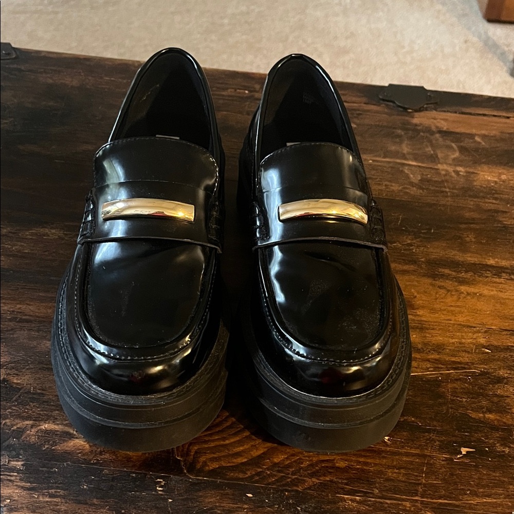 Steve Madden Shiny Black Loafers with Metallic Detail